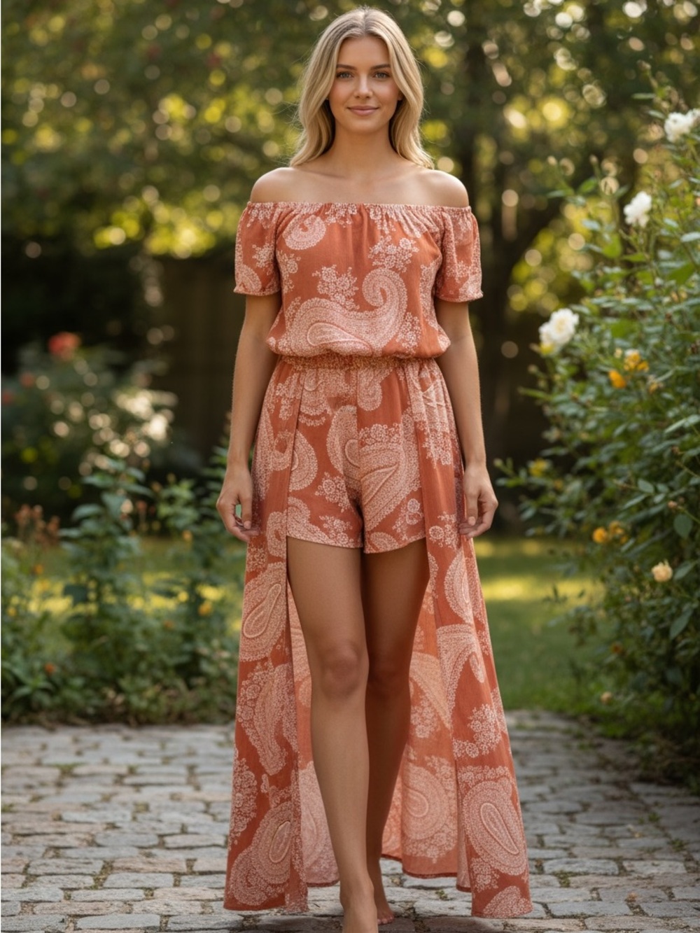 Women’s Paisley Short-Sleeve Maxi Dress w/ built in shorts & split front overlay